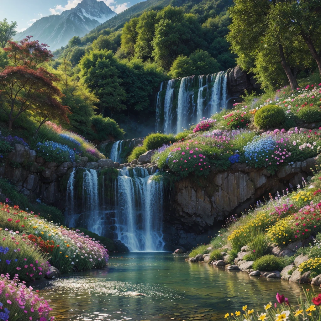 painting of a mountain garden paradise, beautiful scenery,bushes, ((colorful flowers:1.2)), sunlight over grass and flowers, dew, ((glistening look)), ((blue)) color stream water,waterwheel,dusk,waterfall,4k hd, cloud,beautiful art uhd 4 k, a beautiful artwork illustration, beautiful digital painting, highly detailed digital painting, beautiful digital artwork, detailed painting 4 k, very detailed digital painting, rich picturesque colors, gorgeous digital painting