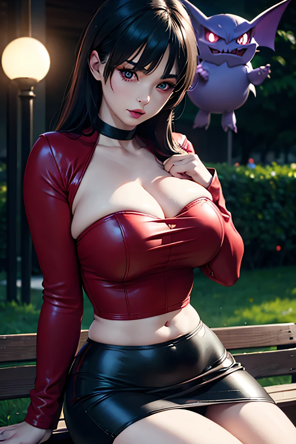 (masterpiece), perfect face, expressive eyes, beautiful makeup, voluptuous woman, toned physique, pale white skin, black long hair, straight cut bangs covering eyebrows, red shining eyes, Sabrina Saffron City Gym Leader Pokémon series, red leather jacket, black lace lingerie, red leather skirt, thong, gothic style, Gengar Tattoo on arm, holding a pokeball, sultry, sitting, bench, park, night, smiling, cute, adorable, ((surrounded by Gengar, Haunter and Ghastly)), Pokémon Gym Leader, sexy pose,