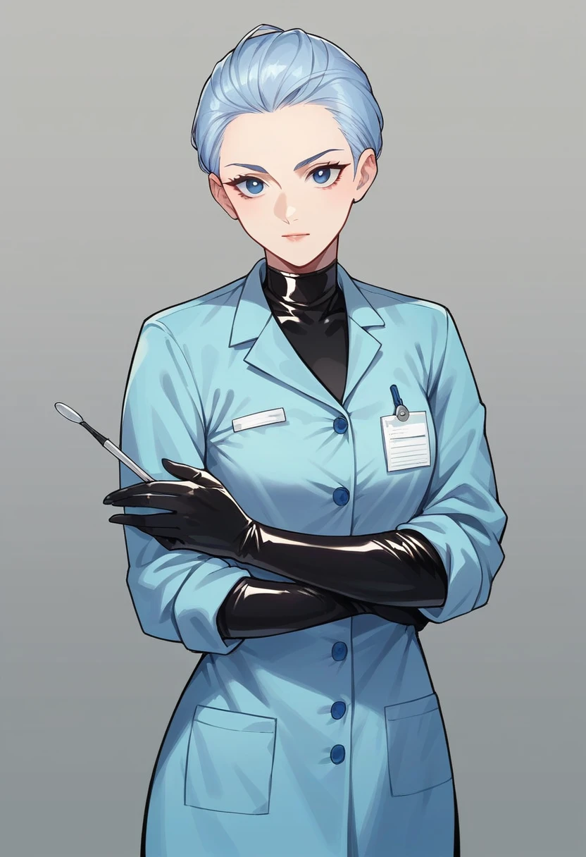 1girl, ((black elbow gloves)), ((surgical gloves)), ((latex gloves)), ((((long sleeves)))), ((blue surgeon outfit)), looking at viewer, ((blue doctor outfit)), standing, solo