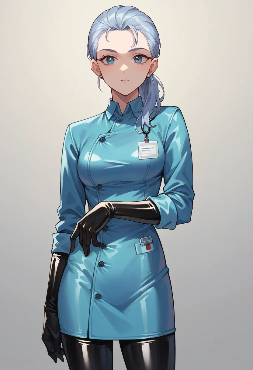 1girl, ((black elbow gloves)), ((surgical gloves)), ((latex gloves)), ((((long sleeves)))), ((blue surgeon outfit)), looking at viewer, ((blue doctor outfit)), standing, solo