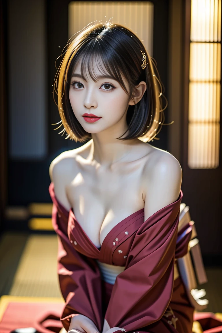 Elegant Japanese geisha with a curvy figure, 28 years old, height 162cm,
 voluptuous traditional beauty (92-62-90 cm), ample E-cup bosom, slender 62cm
 waist, full 90cm hips, oval face with high cheekbones, almond-shaped eyes (deep
 brown, RGB: 39, 26, 17) with single eyelids, straight nose, small mouth with full lips,
 porcelain-white skin (RGB: 248, 240, 232), elaborate traditional nihongami hairstyle
 with kanzashi hair ornaments (gold and red), white face makeup with red lips (RGB:
 203, 40, 33) and black eyebrows, wearing a luxurious furisode kimono in deep red
 (RGB: 153, 27, 30) with gold embroidery, kimono slightly open revealing pale
 shoulder and hint of cleavage, red obi sash accentuating waist, sitting gracefully in
 seiza position on tatami floor, in a high-end traditional tea house setting with shoji
 screens and ikebana arrangement, soft diffused lighting through rice paper screens,
 artistic portrait emphasizing traditional beauty with a hint of sensuality, shot with
 Fujifilm GFX 100S medium format camera, 110mm f/2 lens, ISO 400, 1/60 sec,
102MP resolution, attention to intricate textures and subtle skin tones--ar 3:4--q 2--s 950--v 6.0--style raw