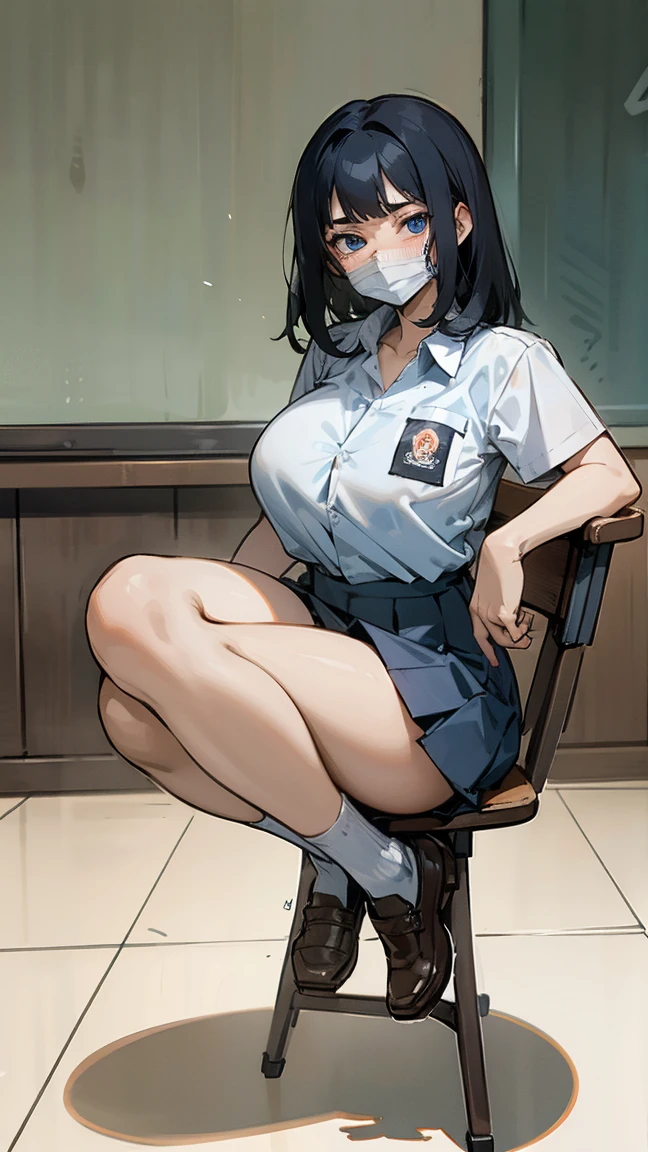 1 woman, 17 years old, (long haircut, black hair), scared face expression, plump body, blue eyes, Indonesian high-school uniform, (wearing transparent white shirt, showing bra), osis logo on shirt pocket, huge XL breasts, light-grey pleated skirt, sitting on a chair, seductive pose, full body shot, wear a mask, surgical mask fit his face, in the classroom,