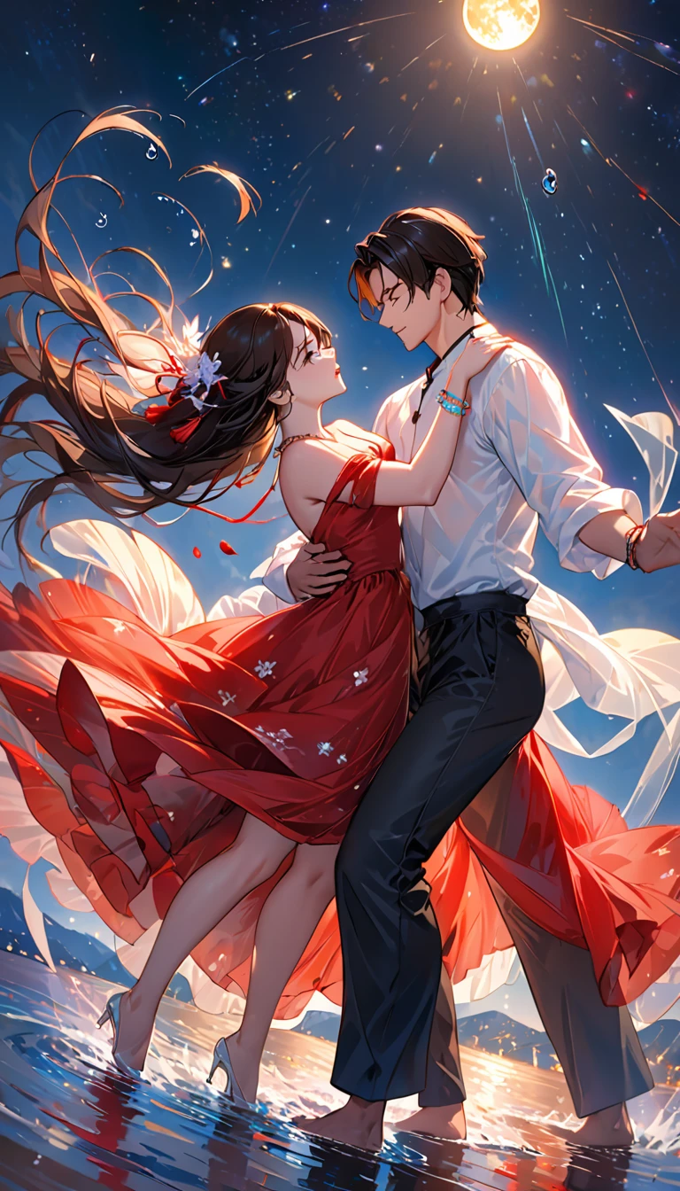 a masterpiece, stunning detail, an action shot, low angle, (top quality)), ((masterpiece)), a long hair girl, transparent long red dress, dance remove with a man, lamps, brown hair, shirt, black hair, 1boy, cleavage, jewelry, remove, hetero, multiple couples, pants, looking at another, bracelet, transparent dress, ,outdoors, full moon, strong wind, outdoors, full body, starry sky, at sea,,outdoors,(remove:1.2),Tyndall effect,Water Drop,Pearl oyster rainbow color,Holographic white,black background,