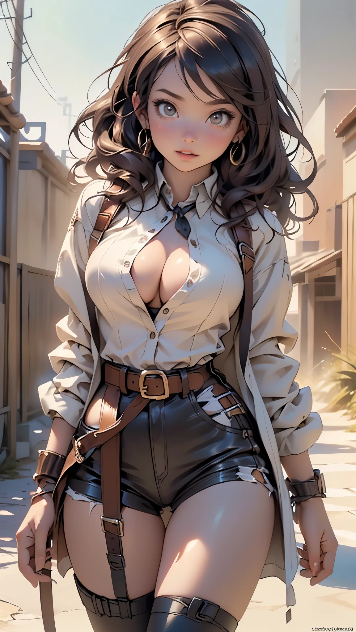 western girl,1girl,cowgirl,
(large breasts:1.5),((brunette hair,long curly brunette hair)),(((brown_eyes:1.3))),intricate eyes,beautiful detailed eyes,symmetrical eyes,((((lustrous skin:1.5,bright skin: 1.5,shiny skin,very shiny skin,shiny body)))),(spider lower abdomen,narrow waist,wide hip,athletic body,inflated legs,thick thighs),(((detailed face))),beautiful detailed lips, tiny waist,thighs, parted lips,
cute,slutty,sensual,seductive look,seductive,((erotic)),(((nsfw))),
((cowboy hat:1.5, cowboy western)),western,navel,cleavage,(Neckerchief, leather belt with integrated holster,chaps, harness, America, duster coat,western shirt,gun belt, slender, slender waist),(thin waist),torn clothes,
dynamic pose,looking at viewer,embarrassed,centered,scale to fit dimensions,Rule of thirds,
outdoors,(in the mountains. Nevada desert visible. sunset),scenery,extremely scenery,(sunset, golden hour),
(Glossy old western ornaments),highres,sharp focus,(ultra detailed,extremely detailed),(photorealistic artwork:1.37),(extremely detailed CG unity 8k wallpaper),(((vibrant colors,vibrant theme))),(intricate),(masterpiece),(best quality),artistic photography,(photography taken by sldr),(intricate background),perfect rendered face,perfect face details,realistic face,photo realistic,((intricate detail)),(((realism))),