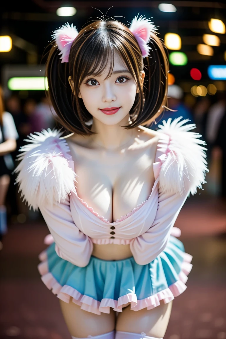 "Buxom Japanese cosplayer as anime character, 24 years old, height 155cm,
exaggerated anime-like proportions (105-55-85 cm), impossibly large H-cup breasts,
extremely tiny 55cm waist, shapely 85cm hips, long toned legs, flawless fair skin
(RGB: 255, 240, 230), heart-shaped face, enormous expressive eyes (vivid blue,
RGB: 30, 144, 255) taking up half of face, small button nose, small mouth with pink
lips (RGB: 255, 182, 193) in a cute pout, long pink wig (RGB: 255, 192, 203) styled in
twin tails reaching knees, heavy cosplay makeup with dramatic false eyelashes and
bright pink blush, wearing a revealing magical girl costume: frilly pink and white
mini-dress with plunging neckline, puffy sleeves, very short skirt, white thigh-high
stockings, pink platform boots, large fairy wings, magical wand accessory, cute pose
with V-sign hand gesture and winking, at a vibrant comic convention with colorful
booth backgrounds and other cosplayers, high-energy convention lighting with
multiple colored spotlights, high-contrast photography style emphasizing vivid colors
and anime-like features, shot with Canon EOS R3 mirrorless camera, 24-70mm f/2.8
lens at 35mm, ISO 800, 1/250 sec, 24MP resolution, focus on exaggerated features
and costume details--ar 3:4--q 2--s 750--v 6.0--style raw