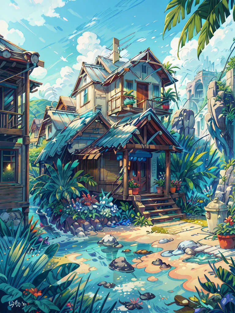 super wide perspective, outdoors, a beautiful white colored old cabin, flower fields, mountains, blue doors and windows, beach side, windy, moody weather, sand, tropical plants, stairs, amazing sky, ghibli anime scene, pots with tropical leafy plants, white metal chair with table, white cycle with basket, red flowers in balcony, flowers in foreground, cinematic color tones, subtle light, vibrant color tones, ghibli style, no humans, scenery, masterpiece, high resolution 