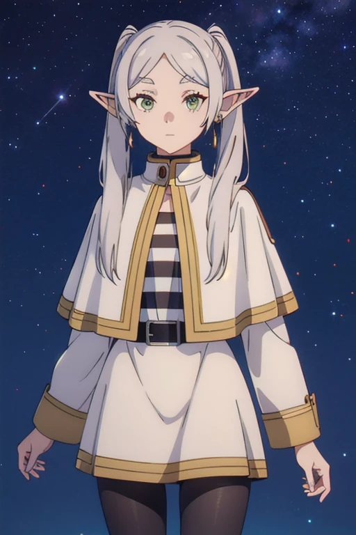 1girl,solo,elf,white hair, grey hair, earrings, pointy ears, long hair, ponytail, green eyes, twintails, parted bangs, thick eyebrows,
collared capelet, white capelet, striped shirt, long sleeves,striped, white skirt,
pantyhose,
night sky, stars, galaxy, milkyway,