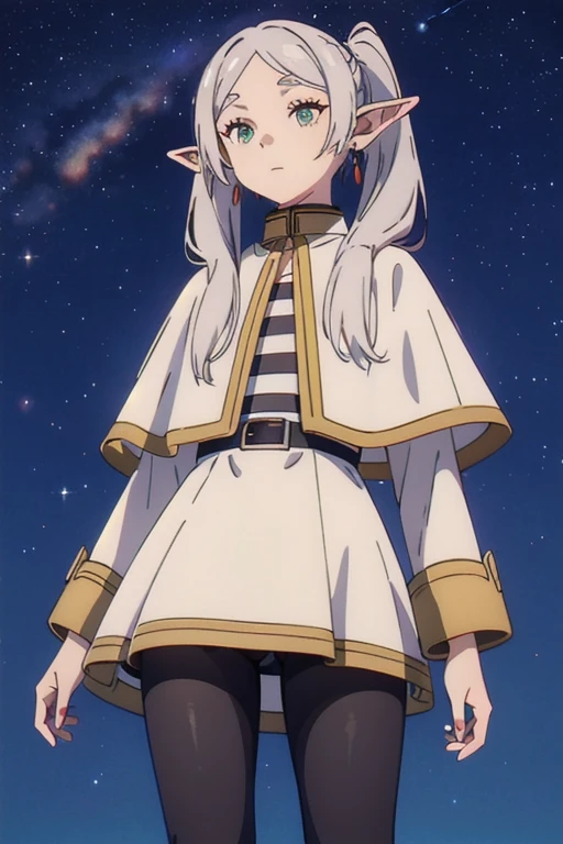 1girl,solo,elf,white hair, grey hair, earrings, pointy ears, long hair, ponytail, green eyes, twintails, parted bangs, thick eyebrows,
collared capelet, white capelet, striped shirt, long sleeves,striped, white skirt,
pantyhose,
night sky, stars, galaxy, milkyway,
 