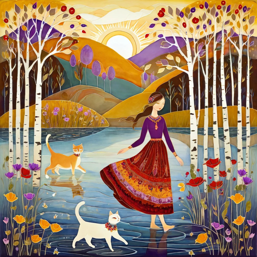 In the style of Albena Vatcheva. Stylized figures. Ethereal woman, wearing a wide skirt with flower and leaf motifs, walks on the waters of a river, on the banks of the river light brown cats with purple red collars walk. In the background mustard-colored sunshine, hills, birch trees, poppy flowers and blooming dandelions.