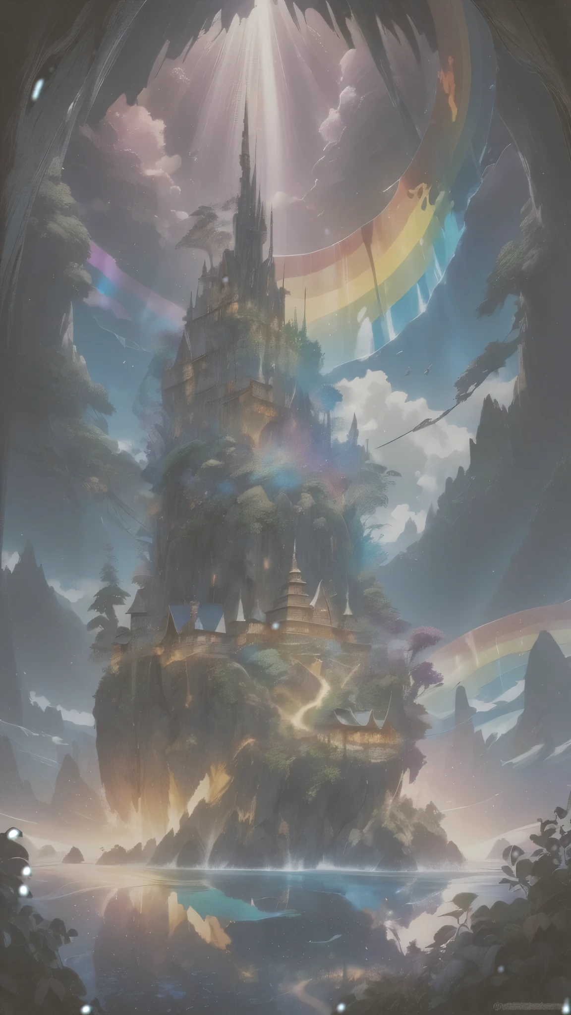 Super detailed, Super complicated, Extremely precise, Mysterious Island, Gothic fantasy meets crystal art, High transparency, Dark fantasy collaboration, Fantastic rainbow-colored mirror reflection, Transparent full color clear water, Sunlight casts a dramatic light on the island, BREAK Professional spray work, Extremely detailed and intricate brushwork, Detailed and clear depiction, Absurd aesthetics, 
BREAK Simply Beautiful, A dark background that makes the subject stand out, Dramatic light and shadow, Cinematic lighting for dramatic subject emphasis, A fusion of aesthetics and impact, 
BREAK Highest quality, Highest Resolution, Optimized Octane Rendering, super retina vision, 