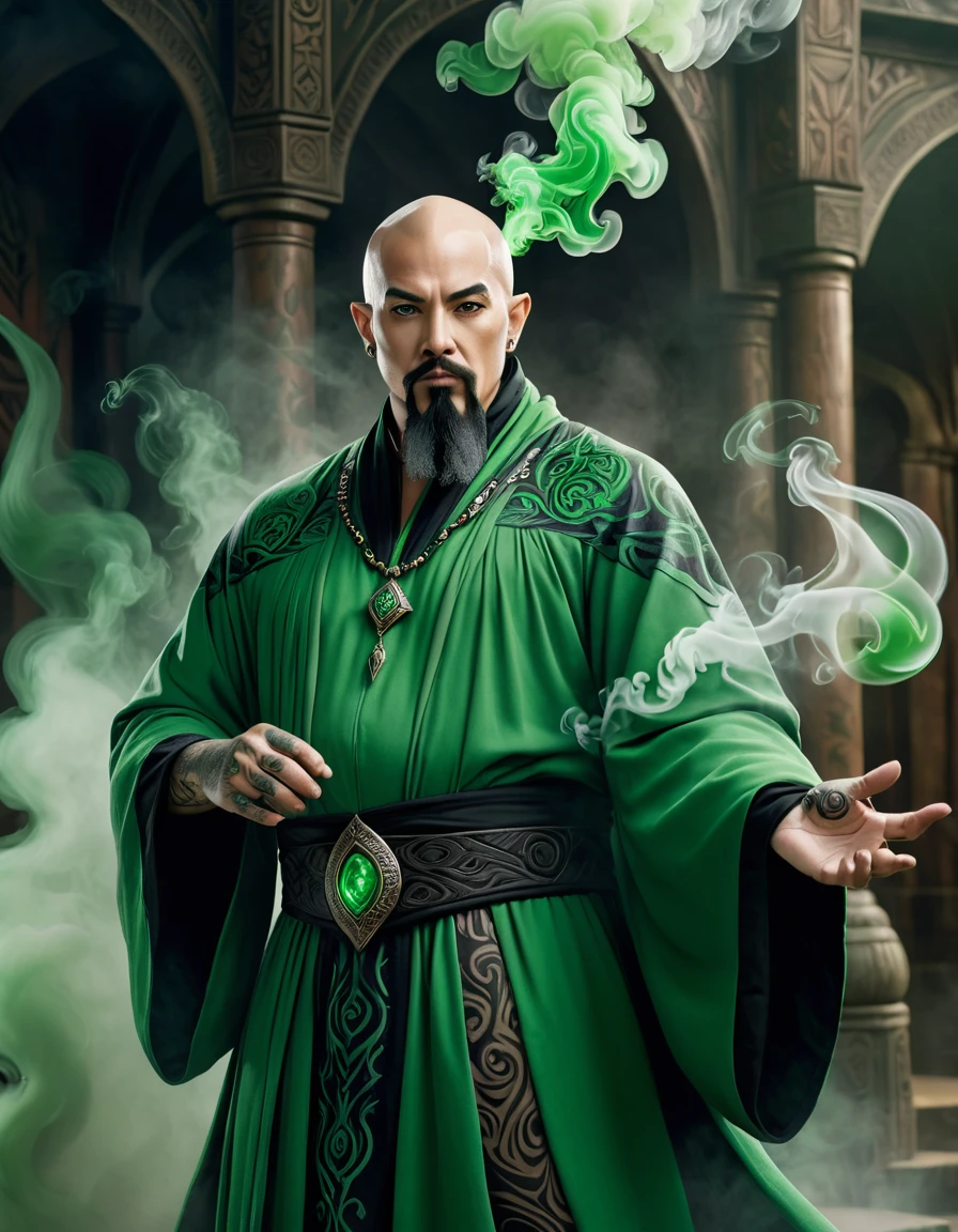 A photorealistic image of a wizard wearing green robes and having black tribal tattoos, bald with a goatee, green smoke hangs in the air around him, standing, front, 3/4 body, epic detail, epic composition, fantasy art portrait.