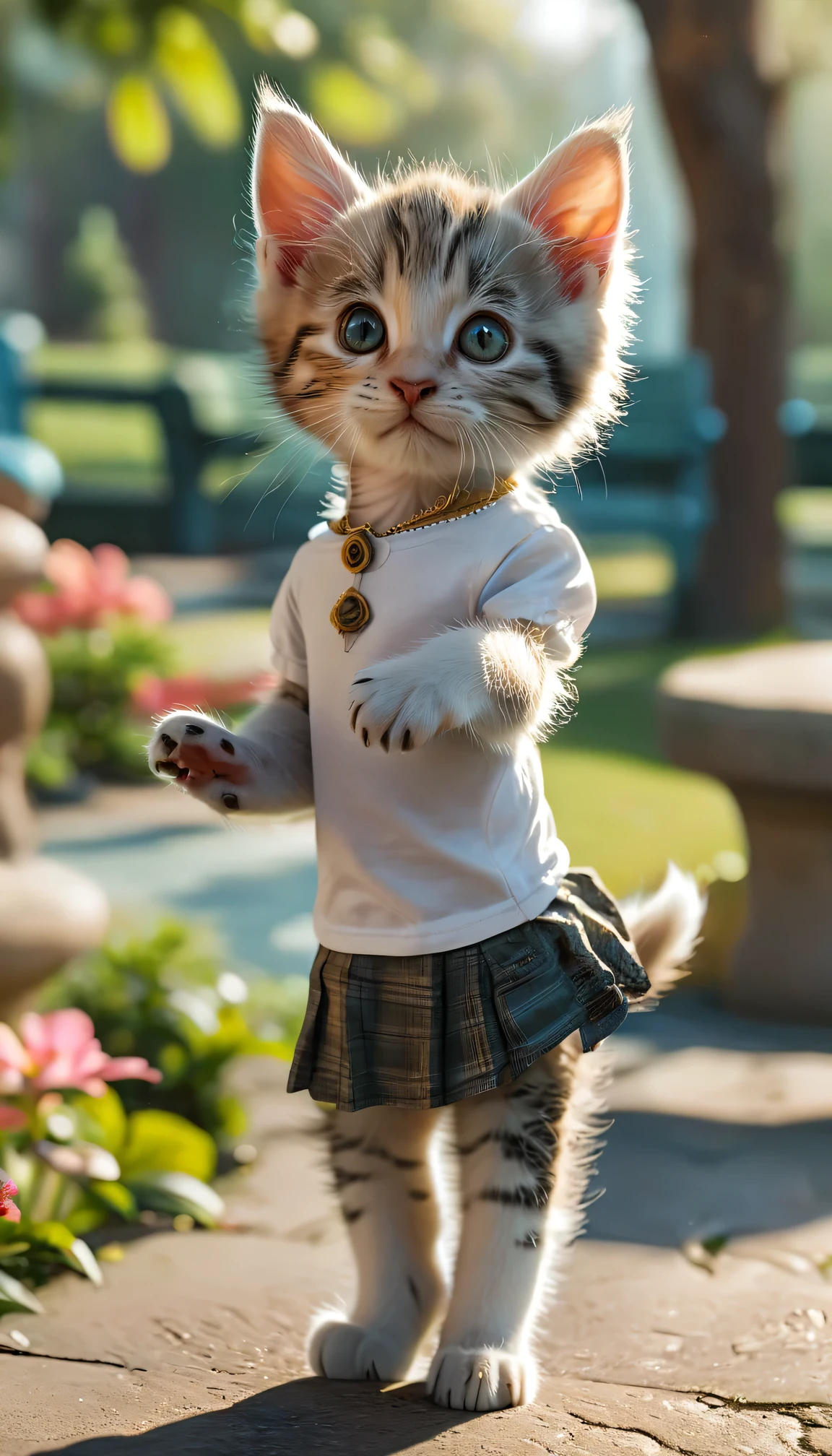masterpiece,Highest quality,animal,a bit,cute,No humans,kitten:Minuet,Plain T-shirt and mini skirt outfit,Standing on hind legs,The background is park