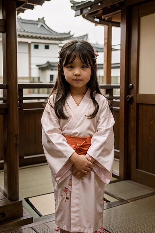 7 year old girl, Asian, wearing a cute tiny kimono, in a japanese temple