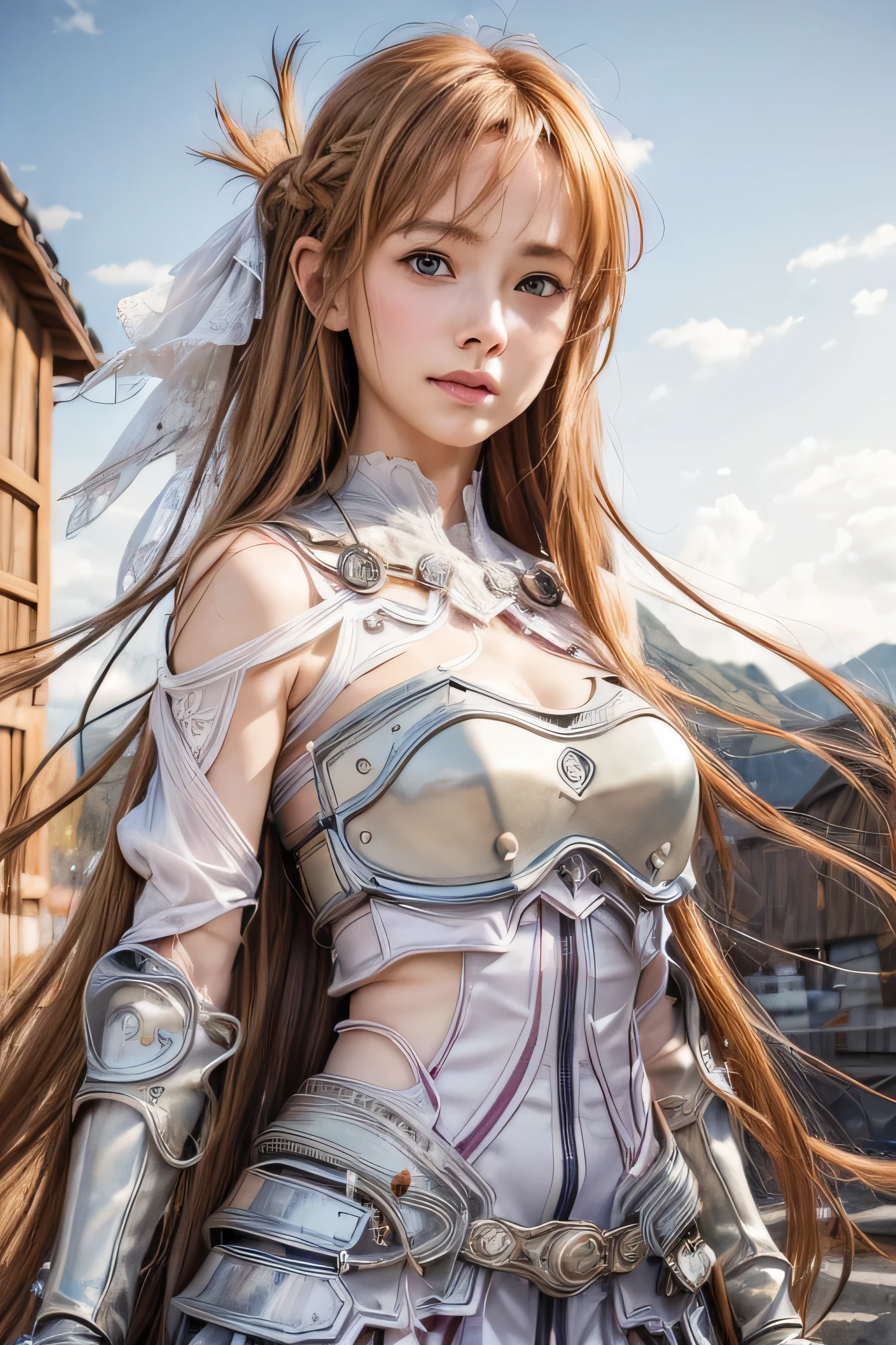 masterpiece, best quality, (realistic,photo-realistic:1.4), (RAW photo:1.2), extremely detailed CG unity 8k wallpaper, delicate and beautiful, amazing,finely detail, official art, absurdres, incredibly absurdres, huge filesize, ultra-detailed,extremely detailed eyes and face,light on face,yuuki asuna,(little smile),(caramel hair:1.4),(long hair:1.4),(wearing armored dress:1.5),nature background
