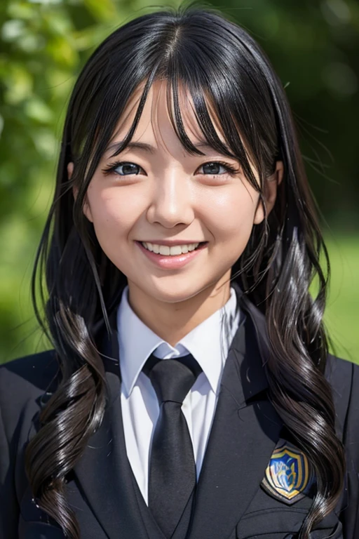 photorealistic, masterpiece, high resolution, detailed, (1 girl, rika shiraki, bible black uniform school, platinum black long wavy hair, smile), upper body portrait,  