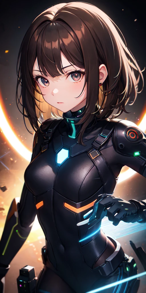colorful, 1girl, mature, brown hair, black eyes, small breast, cyber gloves, glow, glowing eyes, black laser, glowing gloves, dark particles, hacker uniform, wallpaper, chromatic aberration,