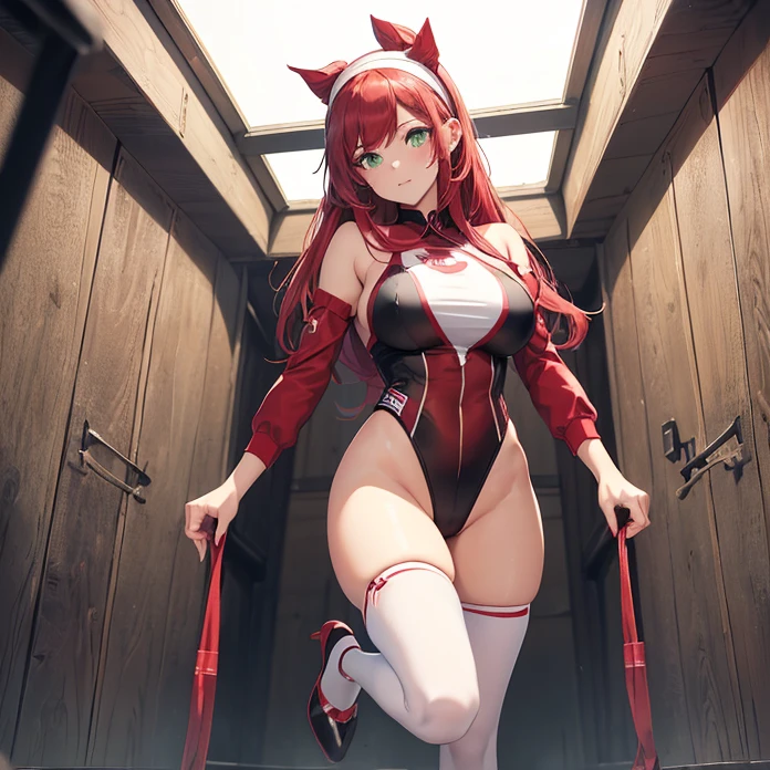 (Master piece, absurdres, best high quality image, carefully detailed textures, detailed image and background)
{{(1character: 27 years old henchgirl: (fair skin, green eyes, dark scarlet red hair, beautiful face, beautiful voluptuous figure, beautiful legs, beautiful arms, big breasts, beautiful hips), (happy expression, sweet girly demeanor, standing firmly), (white headband, black red and pink leotard, red heel shoes), (military training camp))}}