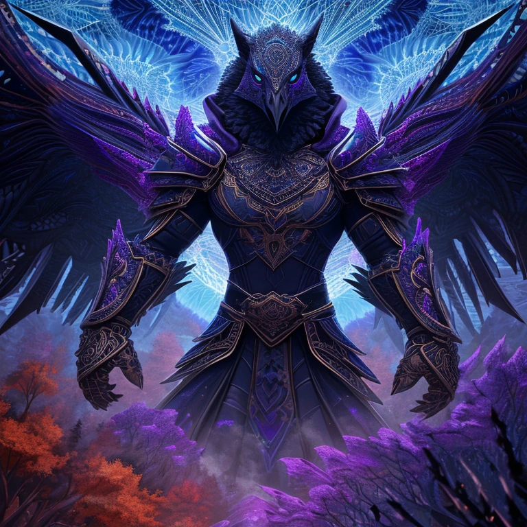 Masterpiece, best quality, high quality, Anthro, (griffin with eagle beak, male,, (with black feathers, (in armor, wearing purple cloak) (solo_focus), look away, (dynamic_pose) symmetrical wings.
(In maple autumn forest, (in the evening), (the sky is dark blue. hyper details, lighting art, cinematic, insane details, intricate details, hyperdetailed, goth, fractal, dark shot