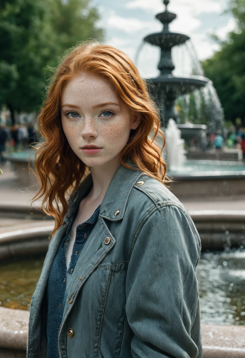 1girl in, age19, Solo, Aesthetic artwork, irish redhead, wavy ginger hair, shoulder length ginger hair, (gray eyes), light grey eyes, some small freckles, pale skin, A-cup, small breasts, runners body, detailed skin texture, in a city park, standing by a fountain, close up, looking at viewer, (extremely detailed 8k wallpaper), soft lighting, high quality, film grain, Fujifilm XT3 sharp focus, f 5.6, 50mm, High Detail, Sharp focus,(natural light), (wearing a navy blue khaki jacket), khaki jacket, (wearing faded blue jeans), crazy details, complex details, hyper detailed



