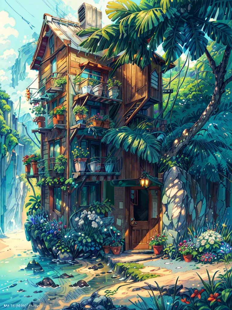 super wide perspective, outdoors, a beautiful white colored old cabin, flower fields, mountains, blue doors and windows, beach side, windy, moody weather, sand, tropical plants, stairs, amazing sky, ghibli anime scene, pots with tropical leafy plants, white metal chair with table, white cycle with basket, red flowers in balcony, flowers in foreground, cinematic color tones, subtle light, vibrant color tones, ghibli style, no humans, scenery, masterpiece, high resolution
