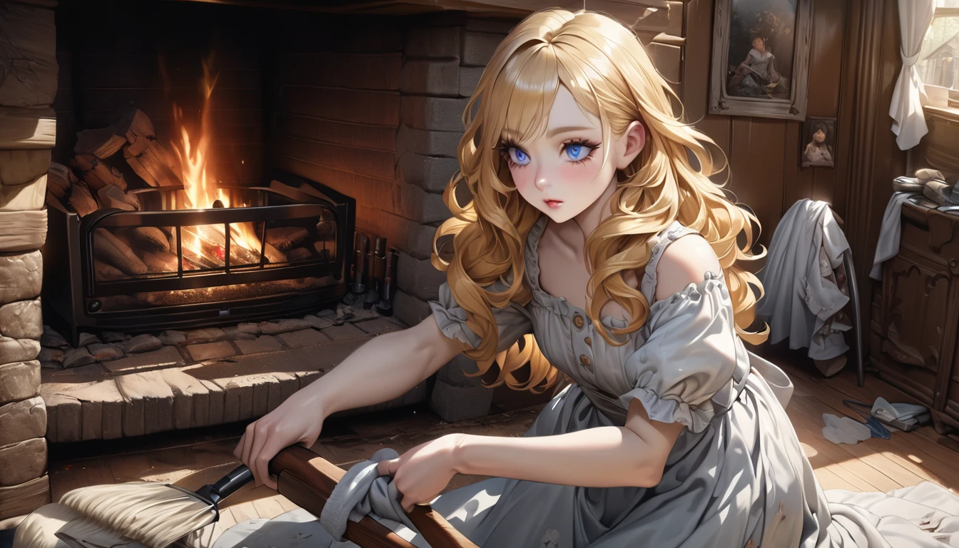master piece, ultra detailed, hyper realistic, Tattered dress, a shabby dress, a face and hands dirty from cleaning, wavy hair, yellow hair, silky hair, blue eyes, long eyelashes, yellow eyebrows, pale skin, cleaning, Room with fireplace, fairy tale charm,