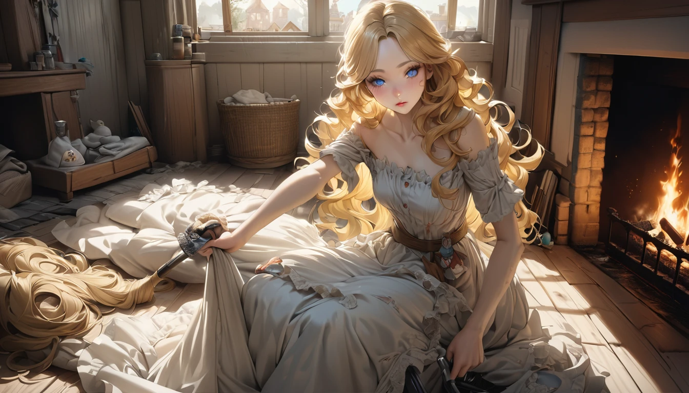 master piece, ultra detailed, hyper realistic, Tattered dress, a shabby dress, a face and hands dirty from cleaning, wavy hair, yellow hair, silky hair, blue eyes, long eyelashes, yellow eyebrows, pale skin, cleaning, Room with fireplace, fairy tale charm,