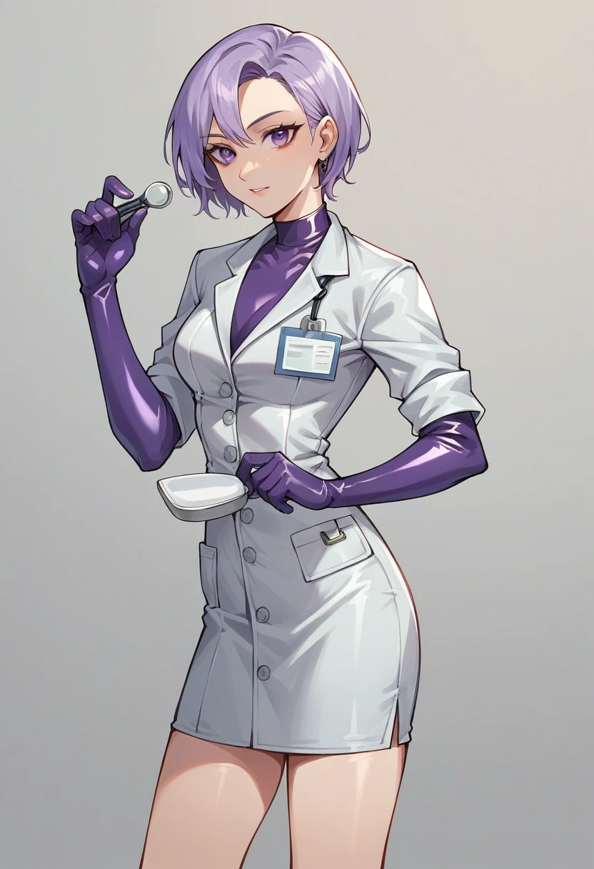 1girl, ((purple elbow gloves)), ((surgical gloves)), ((latex gloves)), ((((long sleeves)))), ((white surgeon outfit)), looking at viewer, ((white doctor outfit)), standing, solo
