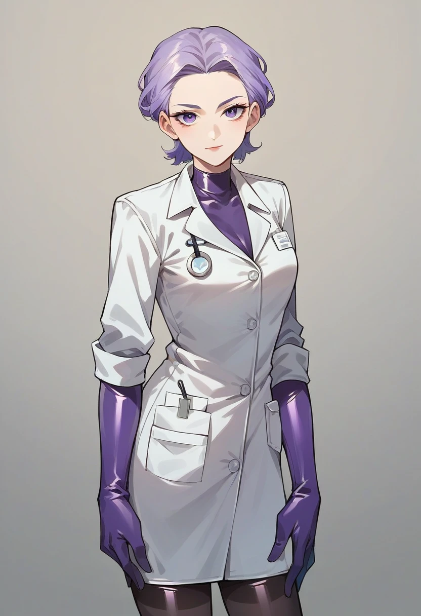 1girl, ((purple elbow gloves)), ((surgical gloves)), ((latex gloves)), ((((long sleeves)))), ((white surgeon outfit)), looking at viewer, ((white doctor outfit)), standing, solo