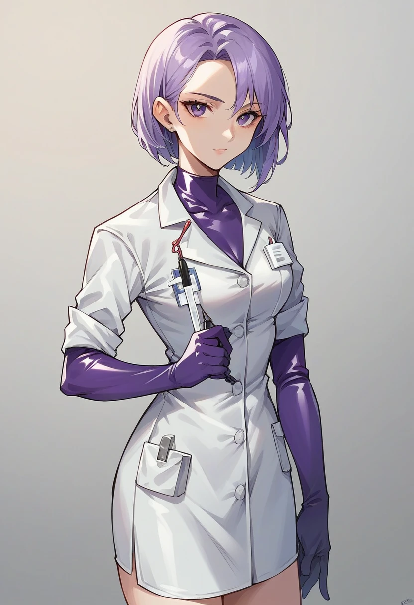 1girl, ((purple elbow gloves)), ((surgical gloves)), ((latex gloves)), ((((long sleeves)))), ((white surgeon outfit)), looking at viewer, ((white doctor outfit)), standing, solo