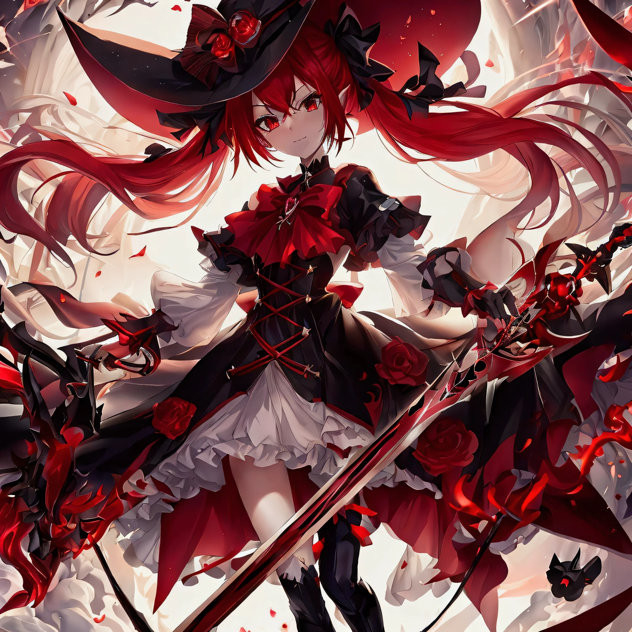 anime, anime girl, red hair, black hat, sword, red dress, red hair, black hat, red dress, red dress, red hair, red, anime art wallpaper 8 k, from arknights, anime art wallpaper 4k, anime art wallpaper 4 k, best anime 4k konachan wallpaper, gothic maiden anime girl, rias gremory,  very dedetailed, fuul body, fuul accessories, cool pose, shining, particles red and white, yellow flash