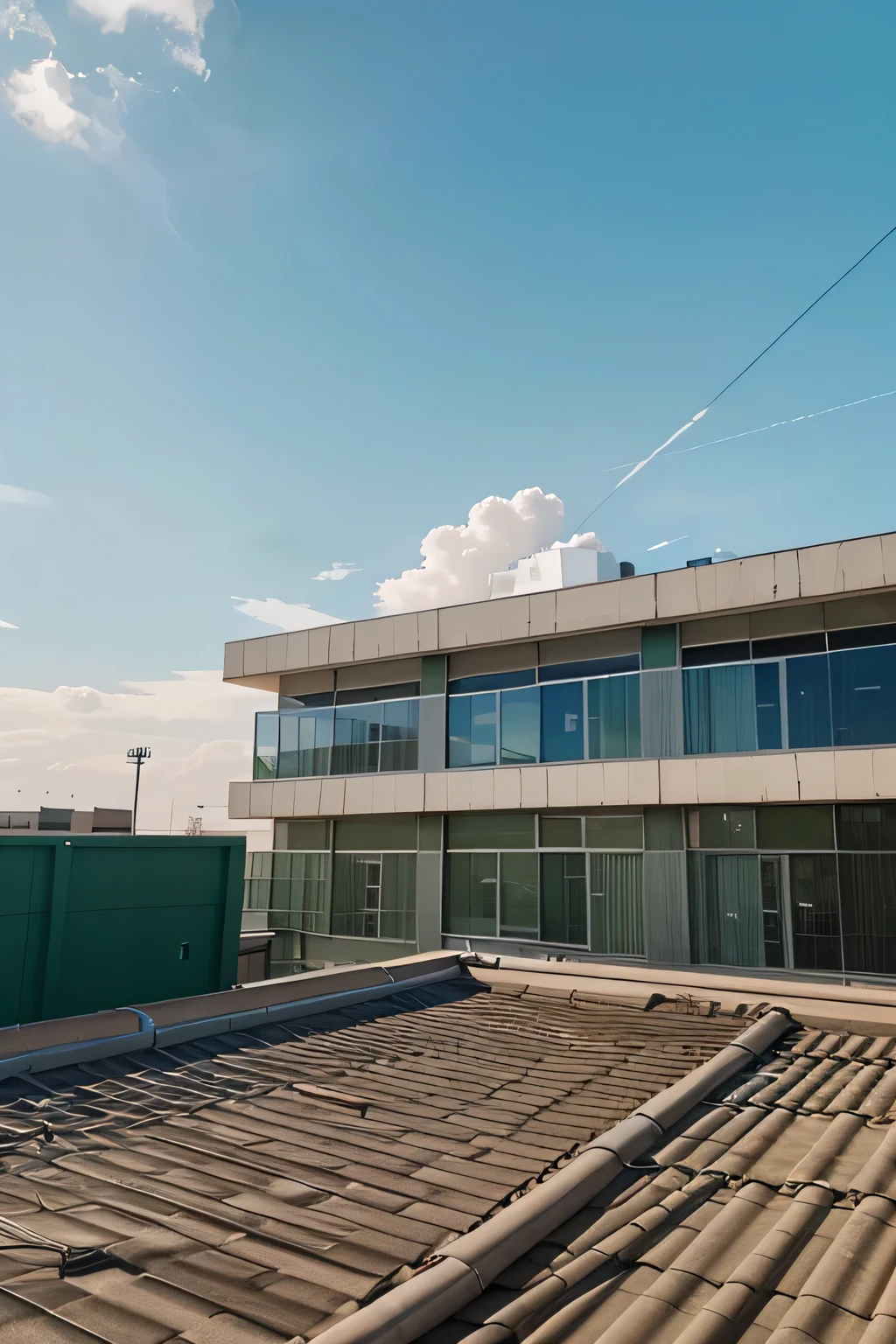 The rooftop of the school building is flat. There is a green wire fence around it. You can see the clear summer sky with clouds. Looking up at the sky from the roof