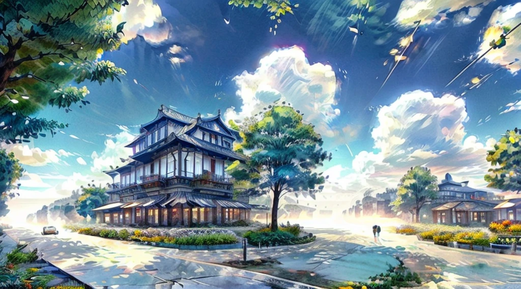 Miyazaki style, HD 4K Wallpaper, The town streets are lined with trees,Blue sky and white clouds,Good sunshine,There are small shops on both sides,Small Cafe,Small Book Bar,Healing style