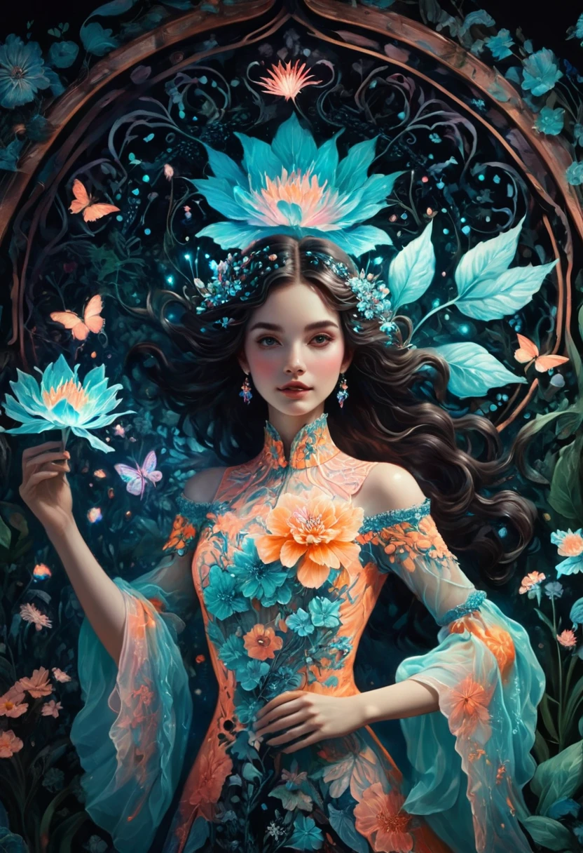 Create a surreal portrait of a woman in an enchanting, fantastical garden. Detailed, expressive features with light blue and pink hues for her skin. Deep, glossy black hair with intricate fine lines. Vibrant, patterned outfit in purples, blues, and greens with floral and geometric patterns, neon highlights. Vivid turquoise sky, bright orange floral elements, magical garden background with floating flowers, glowing plants, and fantastical creatures. Vibrant, contrasting colors with complementary tones, fine details, mix of line work and textures, blending realism with fantasy, visually stunning and imaginative.
