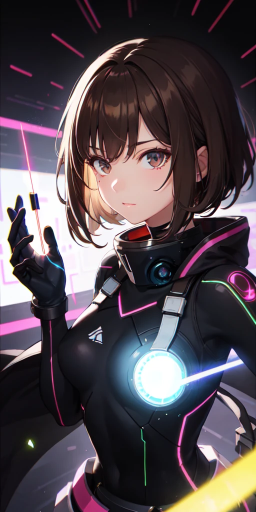 colorful, 1girl, mature, brown hair, black eyes, small breast, cyber gloves, glow, glowing eyes, black laser, glowing gloves, dark particles, hacker uniform, wallpaper, chromatic aberration,