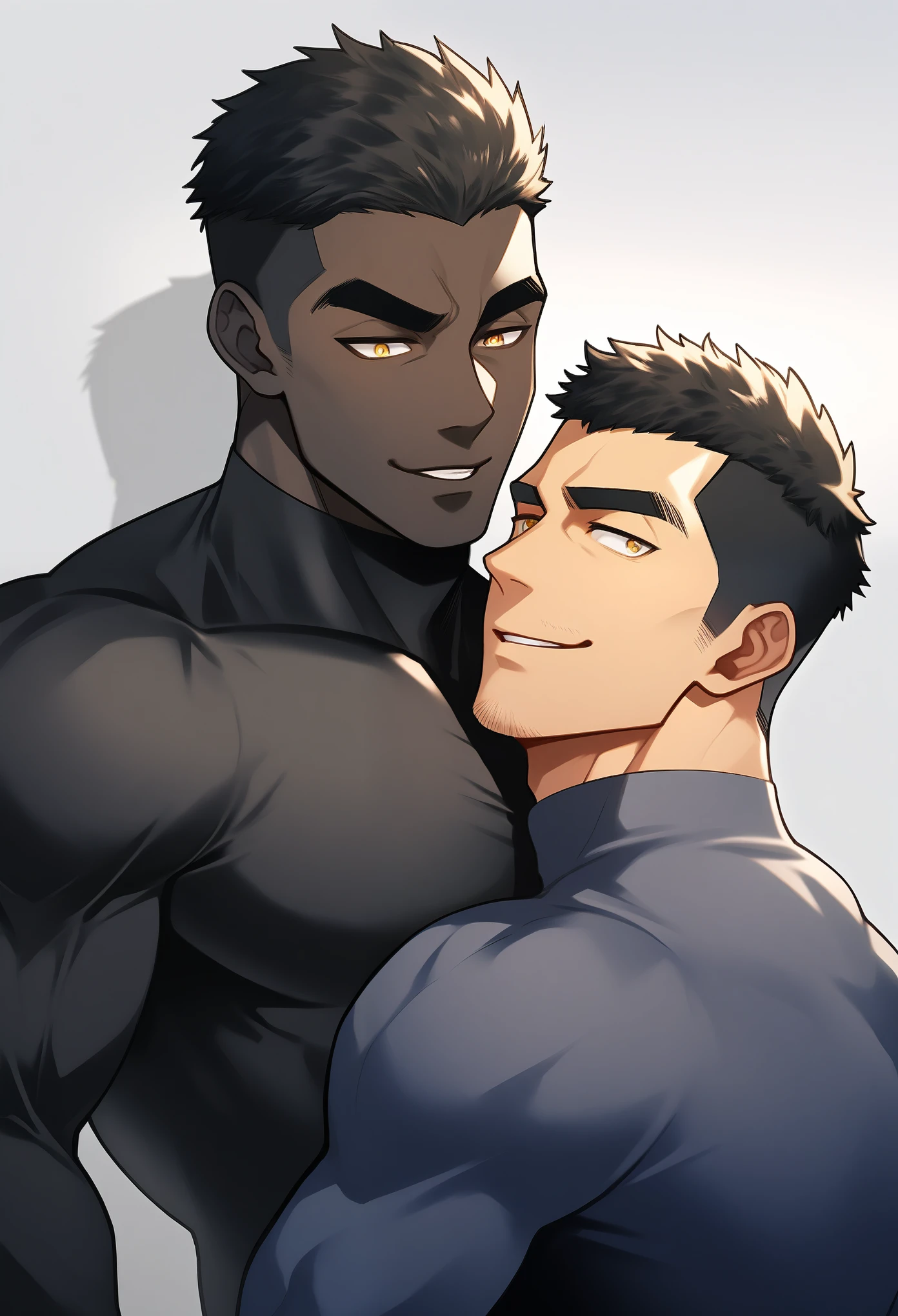 anime characters：Two superheroes in tights, Muscle superhero, negro black skin, They hugged and kissed each other, Bite your neck, Caress, Manliness, male focus, Yellow and black high collar long sleeve tight T-shirt, Slightly transparent material, Very tight, Round, full and perky chest muscles, Male dog waist, Slightly transparent, muscular male, muscular, only, Upper body, alone, Black short hair, Thick eyebrows, stubble, Yellow eyes, Grey background, simple background, amazing quality, best aesthetics, Ridiculous, bright pupils, crew cut, parted lips, seductive smile, torogao, naughty face, drop shadow, best quality