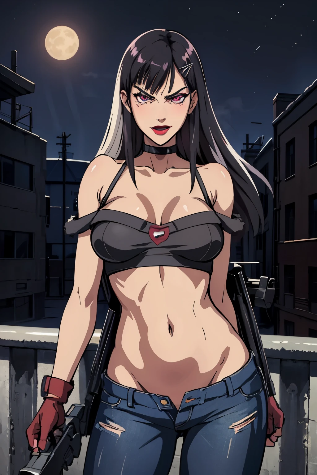 1girl, black hair, long hair, hairclip
,purple eyes,red lips,
Hot girl, baddie, staring, glaring, bad attitude, mean girl, dare, angry, hate, crazy, smoking, sensual, attractive, blush, lipstick, outdoors, rooftop, cityscape, building, railing, night, night sky, scenery, moon, city lights, blush, lipstick, mouth open and tongue out, open, fur trim, mature female, gloves, fur-trimmed coat, masterpiece,high quality,4k, bare shoulder,belly,crop top,outdoor,cleavage,jeans,casual dress,street,road,smile, open mouth, (nsfw) not safe for work, holding a gun,handgun, evil expression, exposed belly, exposed navel, exposed midriff, exposed lower belly, crop top overhang, underboob, unbuttoned jeans , low rise black jeans, Low rise jeans, Low rise jeans with open fly,