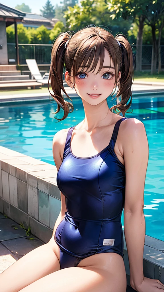 (masterpiece:1.2, top-quality), (realistic, photorealistic:1.4), beautiful illustration, (natural side lighting, movie lighting),
looking at viewer, upper body, (front view), 1 girl, japanese, , perfect face, cute and symmetrical face, shiny skin, babyface,
(short hair:1.2, twintail:1.2, light brown hair), blue eyes, (large breasts:0.6),
beautiful hair, beautiful face, beautiful detailed eyes, beautiful clavicle, beautiful body, beautiful chest, beautiful thigh, beautiful legs, beautiful fingers,
(blue school swimsuit),
(beautiful scenery), evening, pool, sitting, (lovely smile, upper eyes),