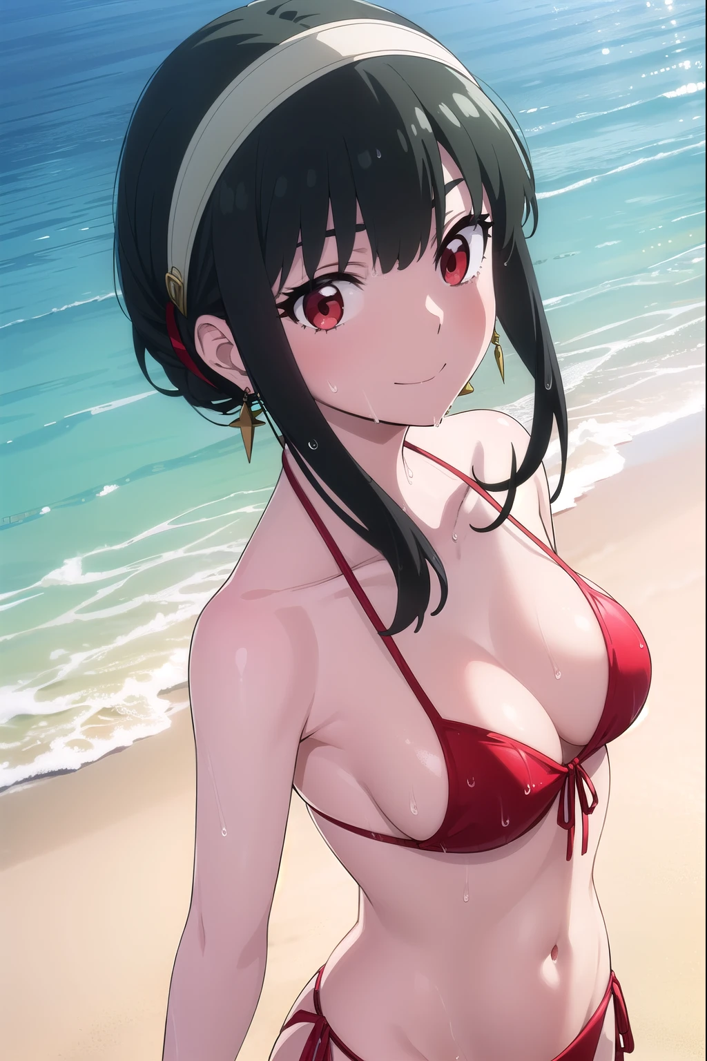 (masterpiece:1.2),(Highest quality), (High resolution), (unity 8k wallpaper), (shape:0.8), (Beautiful attention to detail:1.6), Highly detailed face Yorbraia, (Yor Briar), Black Hair, (Red eyes:1.5), Earrings, Long Hair, white hairband, (Medium Breasted:1.2), smile, Put your arms behind your back, whole body, Extremely detailed CG, (Perfect hands, Perfect Anatomy), (red side-tie bikini bottom), (wet: 1.3), View your viewers, enter the sea, Cowboy Shot, dutch angle, Outdoors, beach