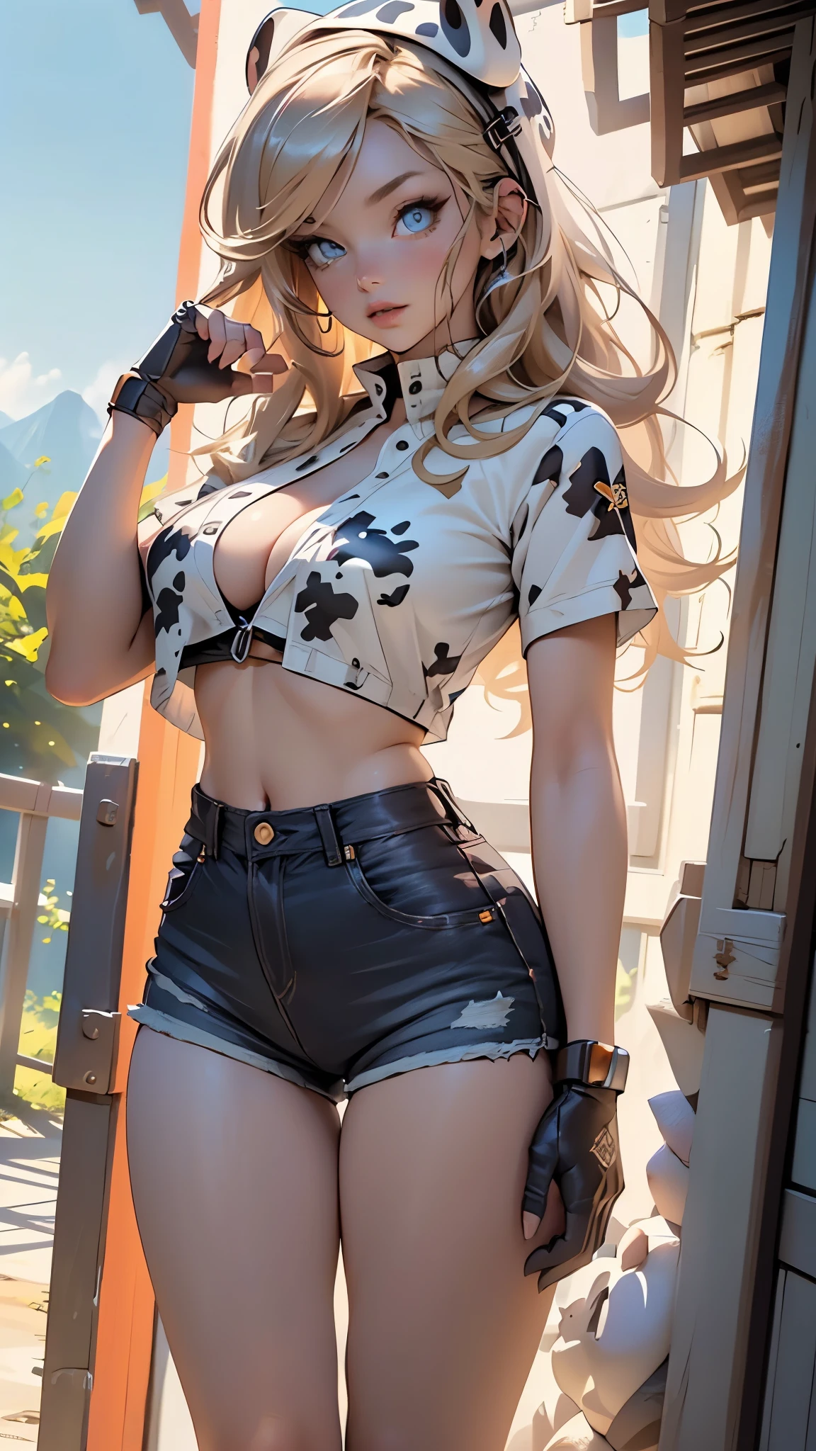 ((Tina Armstrong)),Dead or Alive,1girl,
(large breasts:1.5),((blonde hair,long blonde hair)),(((blue_eyes:1.3))),intricate eyes,beautiful detailed eyes,symmetrical eyes,((((lustrous skin:1.5,bright skin: 1.5,shiny skin,very shiny skin,shiny body)))),(spider lower abdomen,narrow waist,wide hip,athletic body,inflated legs,thick thighs),(((detailed face))),beautiful detailed lips,Highlighted feminine curves,athletic build,slim athletic waist, wide hips,fair skin, high cheekbones, straight nose, full lips, flat belly, thin waist, wide hips, large ass, long legs, thick thighs,
cute,slutty,sensual,seductive look,seductive,((erotic)),(((nsfw))),
((cowboy hat:1.5, cowboy western)), ((bra, bra with cow print design,wearing cow print bikini, cow print bikini top)), ((cheeky shorts,denim shorts, shorts shorts,blue mini jeans shorts,)),navel,(brown gloves,(fingerless gloves)),bare legs,exposed shoulders,cleavage,
dynamic pose,looking at viewer,embarrassed,centered,scale to fit dimensions,Rule of thirds,
outdoors,(in the mountains. Nevada desert visible. sunset),scenery,extremely scenery,(sunset, golden hour),
(Glossy old western ornaments),highres,sharp focus,(ultra detailed,extremely detailed),(photorealistic artwork:1.37),(extremely detailed CG unity 8k wallpaper),(((vibrant colors,vibrant theme))),(intricate),(masterpiece),(best quality),artistic photography,(photography taken by sldr),(intricate background),perfect rendered face,perfect face details,realistic face,photo realistic,((intricate detail)),(((realism))),