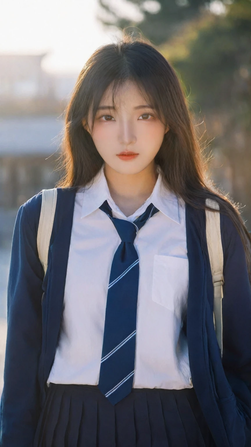 (Natural light:1.1),(Rim light:1.1),(Backlight:1.2),an asian woman,female students,20 years old,sunset,high quality,student uniform,japanese female students,south korea school uniform,jk skirt,dark blue jacket,white_shirt,half-body photo,sharp focus,Perfect eyes,prefect face,looking at viewer,(natural skin texture:1.2),light makeup,standing pose,beautiful_detailed_eyes,simple background,necktie,half-body,