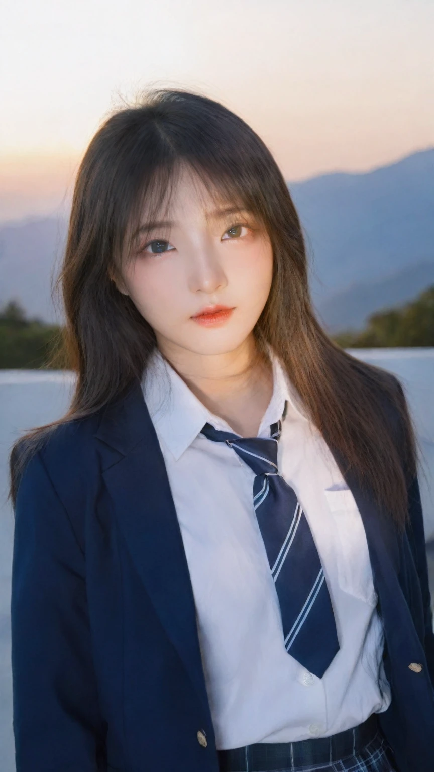 (Natural light:1.1),(Rim light:1.1),(Backlight:1.2),an asian woman,female students,20 years old,sunset,high quality,student uniform,japanese female students,south korea school uniform,jk skirt,dark blue jacket,white_shirt,half-body photo,sharp focus,Perfect eyes,prefect face,looking at viewer,(natural skin texture:1.2),light makeup,standing pose,beautiful_detailed_eyes,simple background,necktie,half-body,