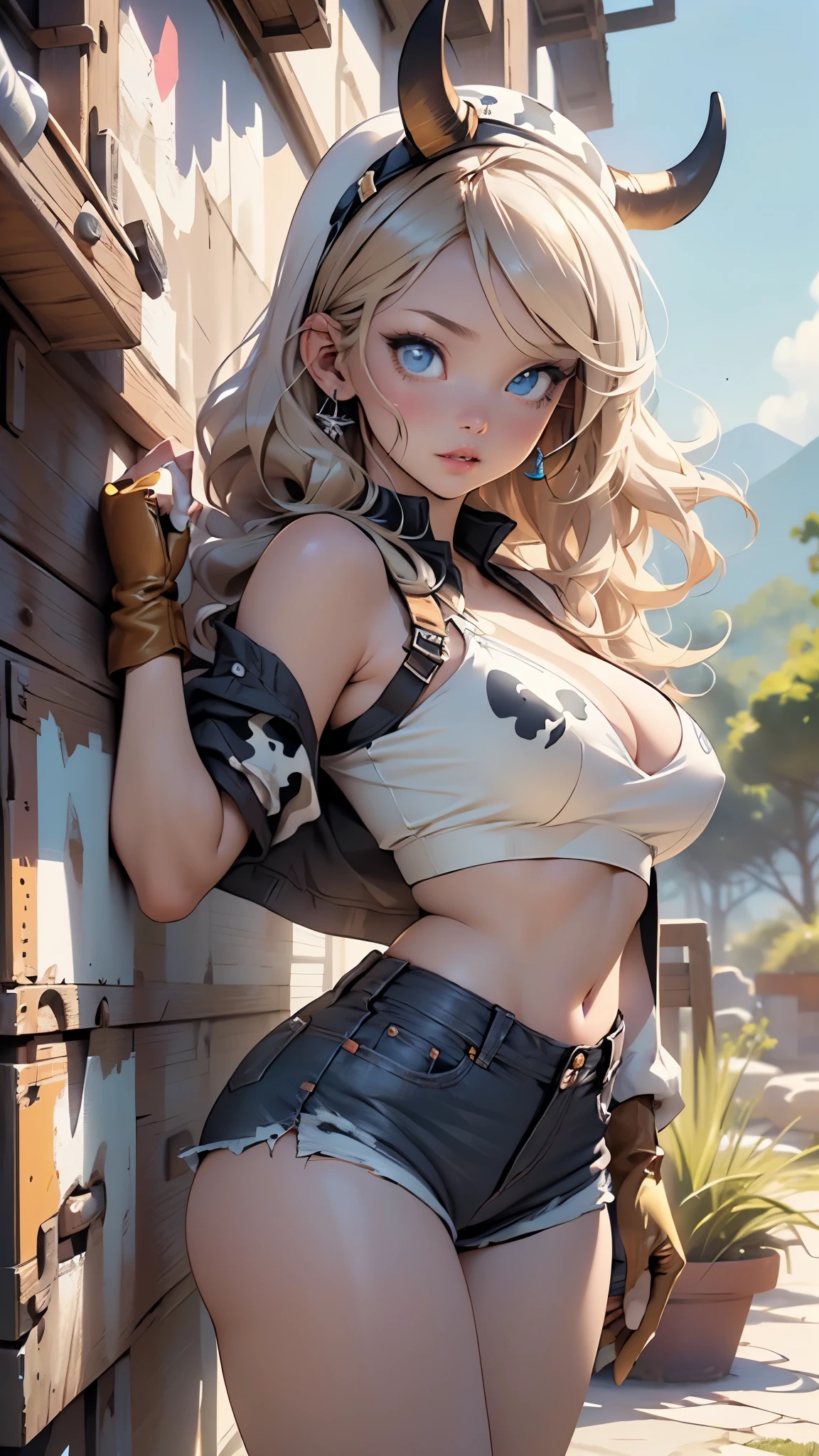 ((Tina Armstrong)),Dead or Alive,1girl,
(large breasts:1.5),((blonde hair,long blonde hair)),(((blue_eyes:1.3))),intricate eyes,beautiful detailed eyes,symmetrical eyes,((((lustrous skin:1.5,bright skin: 1.5,shiny skin,very shiny skin,shiny body)))),(spider lower abdomen,narrow waist,wide hip,athletic body,inflated legs,thick thighs),(((detailed face))),beautiful detailed lips,Highlighted feminine curves,athletic build,slim athletic waist, wide hips,fair skin, high cheekbones, straight nose, full lips, flat belly, thin waist, wide hips, large ass, long legs, thick thighs,
cute,slutty,sensual,seductive look,seductive,((erotic)),(((nsfw))),
((cowboy hat:1.5, cowboy western)), ((bra, bra with cow print design,wearing cow print bikini, cow print bikini top)), ((cheeky shorts,denim shorts, shorts shorts,blue mini jeans shorts,)),navel,(brown gloves,(fingerless gloves)),bare legs,exposed shoulders,cleavage,
dynamic pose,looking at viewer,embarrassed,centered,scale to fit dimensions,Rule of thirds,
outdoors,(in the mountains. Nevada desert visible. sunset),scenery,extremely scenery,(sunset, golden hour),
(Glossy old western ornaments),highres,sharp focus,(ultra detailed,extremely detailed),(photorealistic artwork:1.37),(extremely detailed CG unity 8k wallpaper),(((vibrant colors,vibrant theme))),(intricate),(masterpiece),(best quality),artistic photography,(photography taken by sldr),(intricate background),perfect rendered face,perfect face details,realistic face,photo realistic,((intricate detail)),(((realism))),