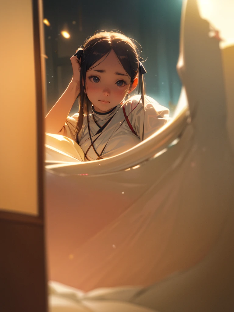 (Sumilux f1.4 50mm , low Latitude old color negative film , cross process , bokeh, flare, chromatic aberration , soft focus, (Shallow focus) , soft glow , Maximum aperture, High Key , Transparent depiction) , A toilet girl fighting with a naginata