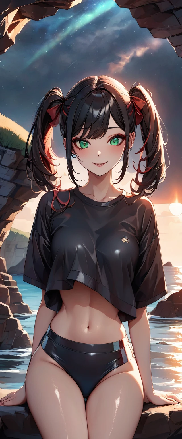 Photo of a girl with natural skin, ((Baby Face)), Grinning, Round face, A girl wearing mainly black and red, Upper Body, Seaside cave, The light is shining in, High Twintails, Black hair with red mesh, Sharp eyes with red eyeshadow, Blue-green eyes, Shining eyes, A thin, upturned nose, Well-shaped lips, ((crop top overhang, Short sleeve, Black clothes, Thighs, Glamour body)), Makeup, Exquisitely crafted with the utmost attention to detail, Vibrant, amazing, Smooth, Cinematic, 4K, Backlight, (()), Shallow depth of field, ((Detailed eyes:1.3, Detailed lips:1.3, high quality, )), masterpiece, Super detailed images, High quality