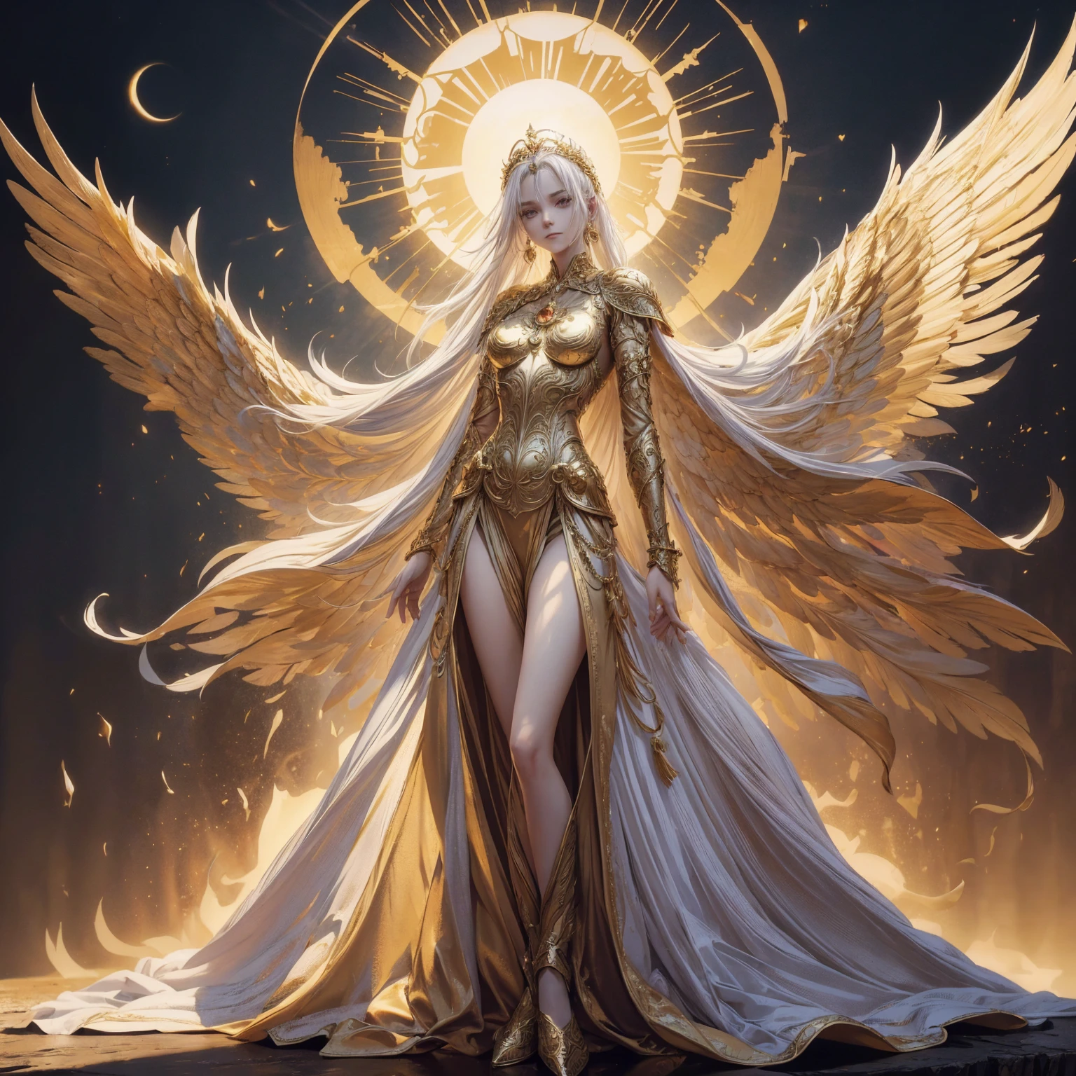 Art of Woman Wearing Sun Crown, Wearing a gorgeous golden breastplate that exposes a small amount of skin above the chest, Wearing a gorgeous golden dress, A pair of giant angel wings taller than the body spread out behind the woman., ancient goddess art, Sacredness. Very detailed, Mysterious inspiration, Inspiration from the Sun God, Religious inspiration, A divine background, Cold and snobbish face, Dangerous expressions, White hair, Standing pose floating in the air, One of the hands holds a brilliant sphere as bright as the sun., Full body portrait, Gothic art style, Weird art style, Occult art