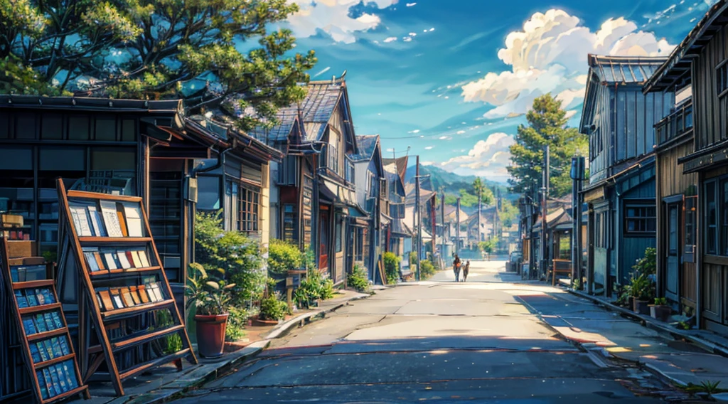 Miyazaki style， HD 4K Wallpaper, The town streets are lined with trees，Blue sky and white clouds，Good sunshine，There are small shops on both sides，Small Cafe，Small Book Bar，Healing style