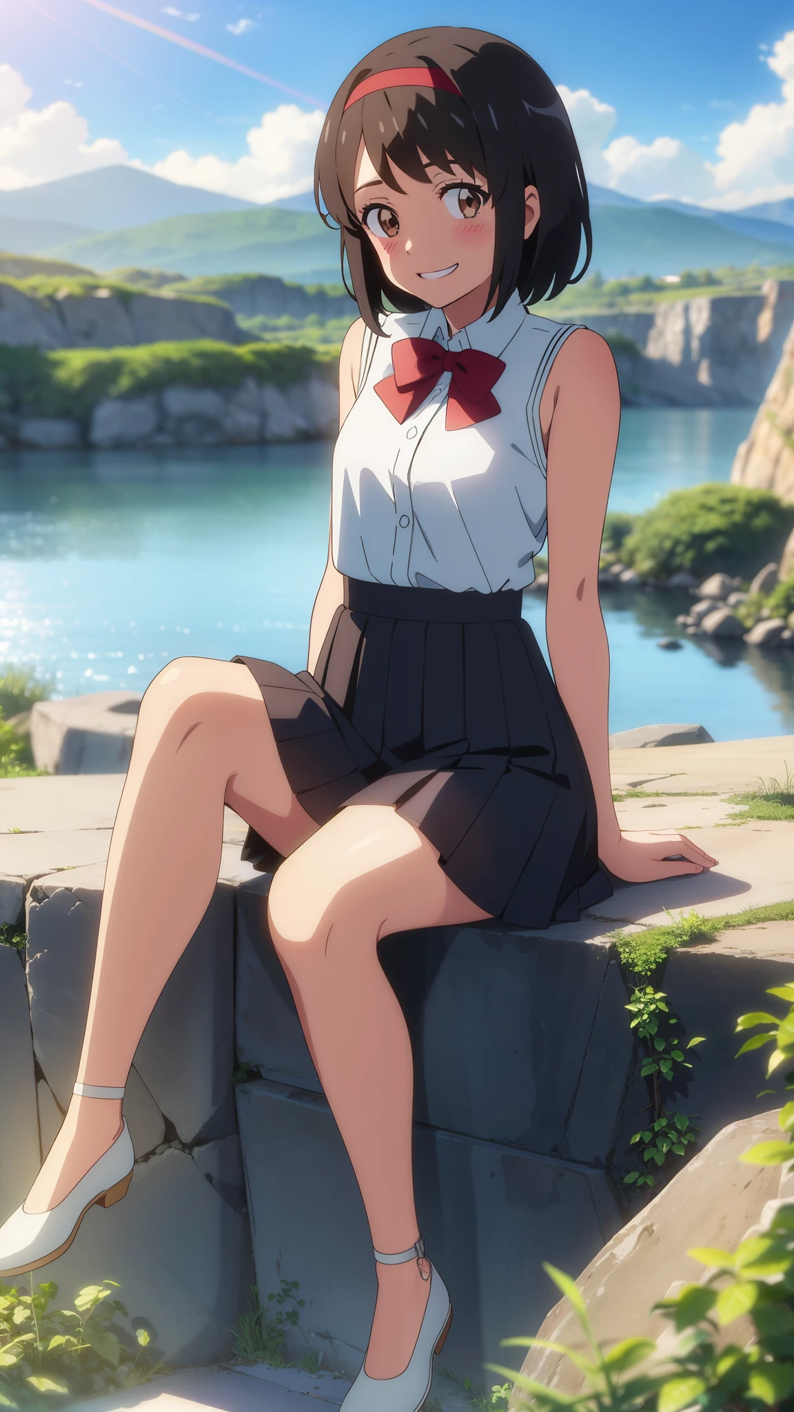 shinkai makoto, kimi no na wa., 1girl, bangs, black hair, blush, expressive eyes, (brown eyes:1.5), perfect face, looking at the viewer, white shirt, bare shoulders, red headband, red bow, black skirt, short hair, solo, outdoors, shinny skin, smile, cute, grin, cloudy, blue sky, mountains, rocks, sitting, (masterpiece), best quality