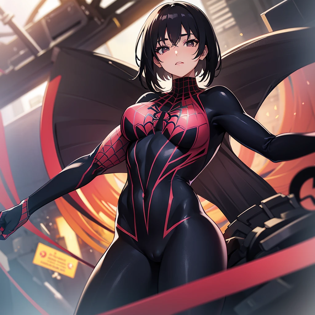 black hair girl, black eyes, big breasts, small waist, wearing a spiderman suit, his face is visible, Whole body, pink cheeks
