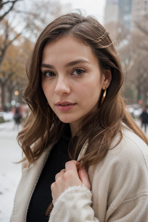 CREATE A CAUCASIAN WOMAN, Manicured hands, perfect features, delicate face, delicate nose, realistic wearing warm colors cold coat, wavy blonde hair, gold minimalist earrings, walking in the central park NOVA YORK,