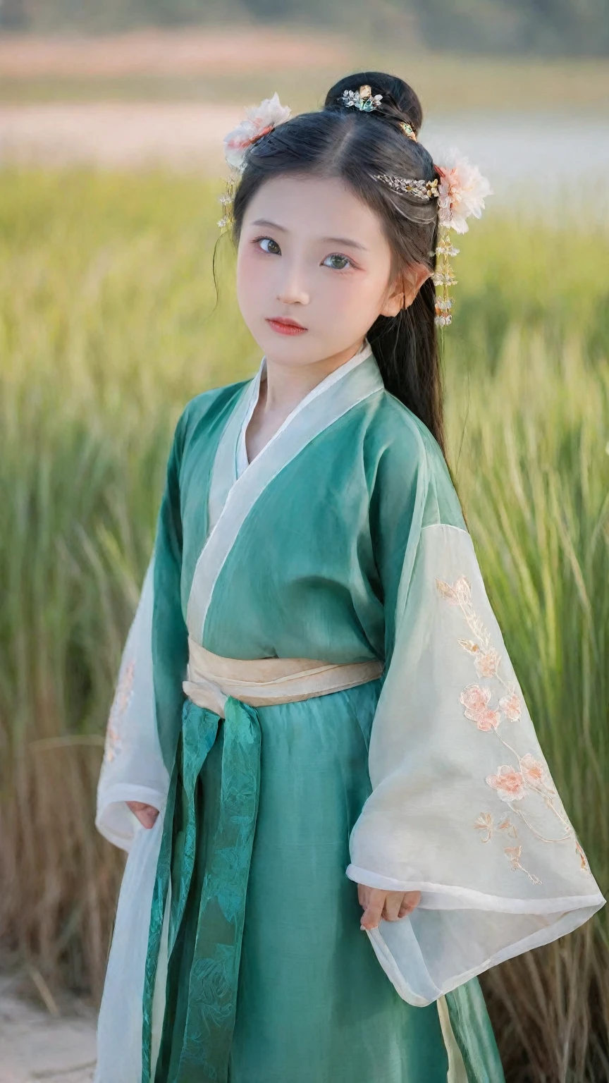 solo,asian little girl,asian little girl photography,6 years old,high quality,full body,(natural skin texture:1.2),fair skin,natural skin,clear skin,light makeup,Perfect eyes,beautiful_detailed_eyes,prefect face,standing pose,long black hair,looking at viewer,brown eyes,chinese clothes,hanfu,green hanfu,wearing a clothes of chinese hanfu,8k,4k,realistic,delicate skin,realistic shaded,(highly detailed skin, full sharp:1.2),